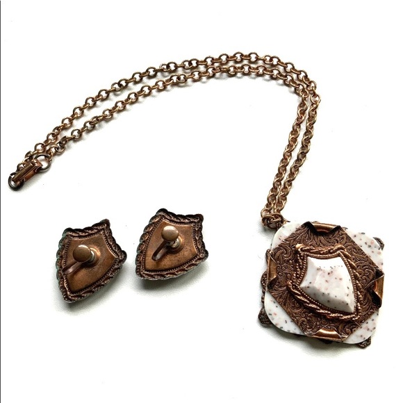 VTG 50s Copper Confetti Lucite Shield Demi Parure - Picture 3 of 9